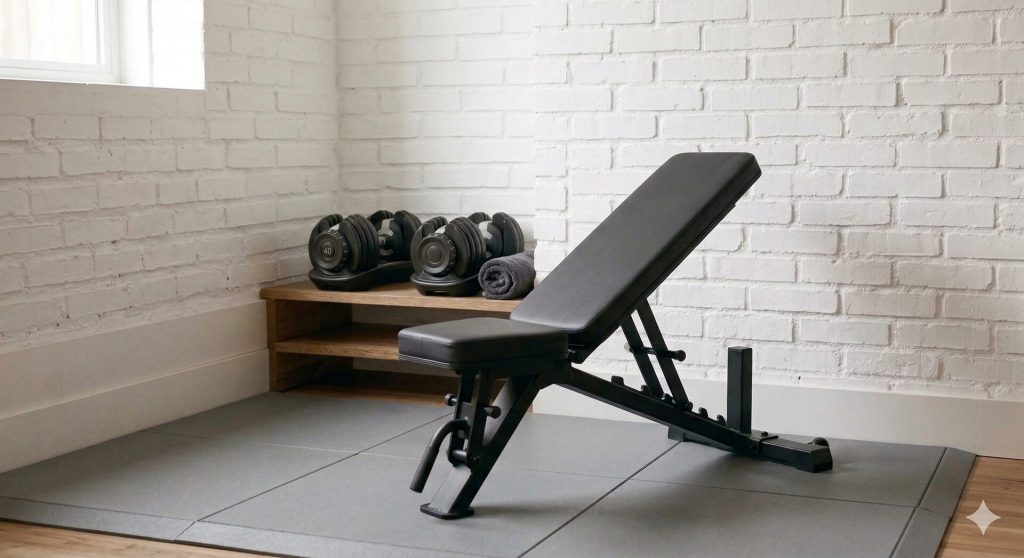 Gimnasio en casa con banco de musculación y mancuernas en un espacio reducido