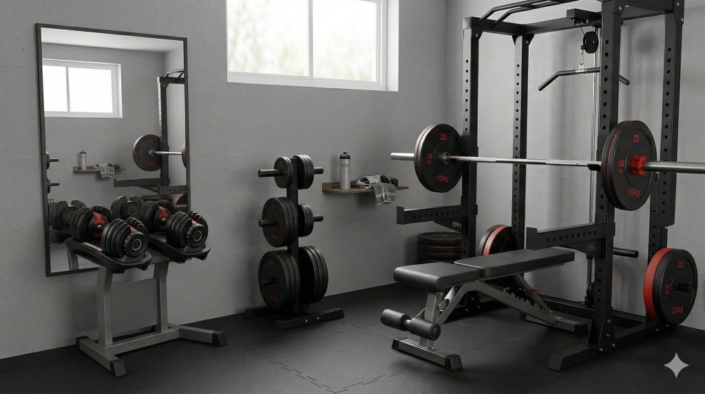 Gimnasio en casa completo con rack de potencia, banco de musculación y discos