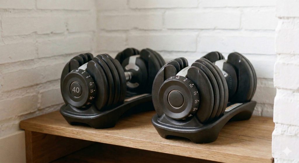 Gimnasio en casa pequeño con mancuernas ajustables en un rincón de la habitación