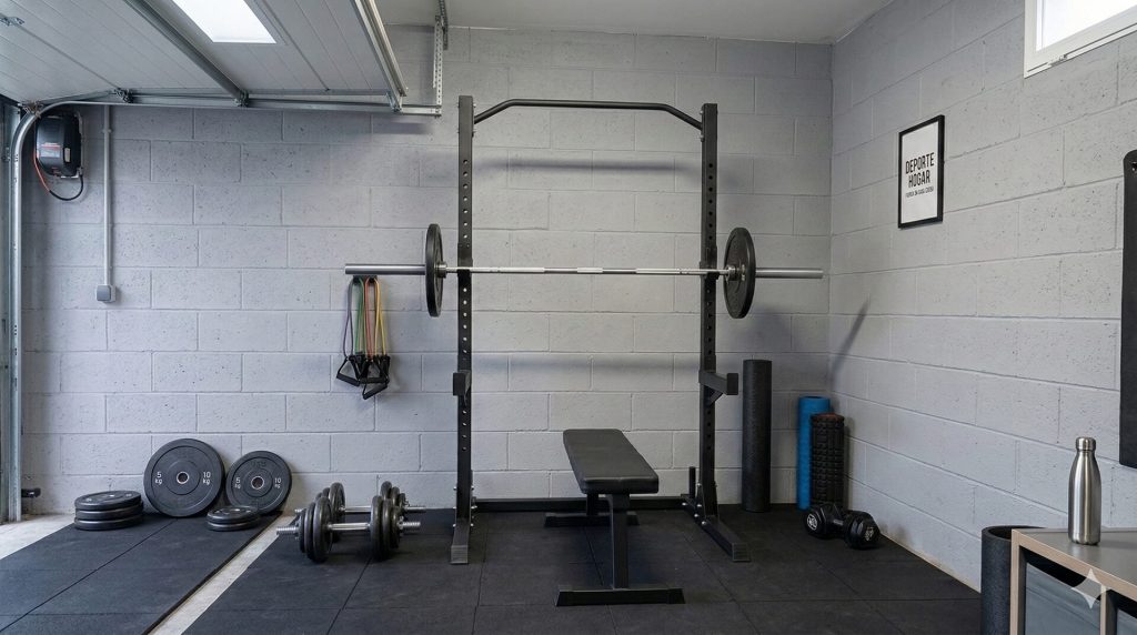 Rack de musculación compacto en gimnasio doméstico con espacio medio para entrenar