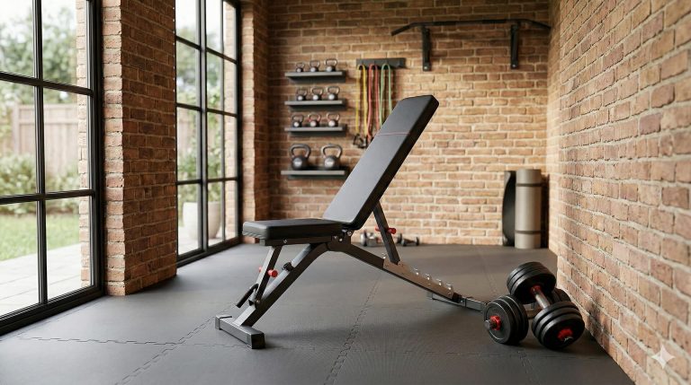 Banco de musculación plegable para casa pequeño en posición inclinada y plegado compacto