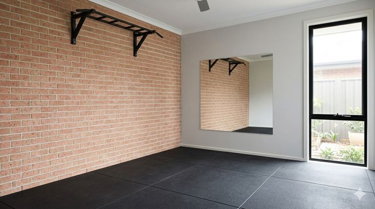 Espacio para gimnasio en casa con mancuernas, banco y rack compacto en una habitación pequeña