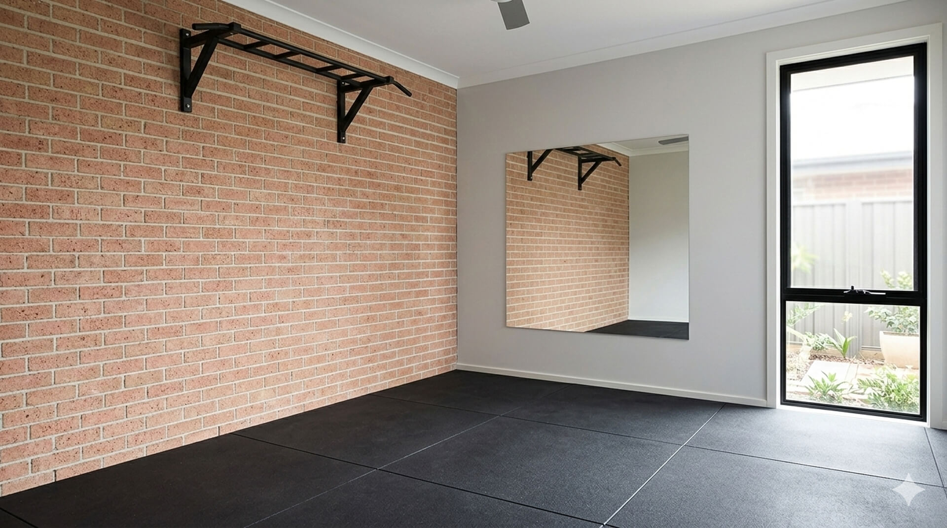 Espacio para gimnasio en casa con mancuernas, banco y rack compacto en una habitación pequeña