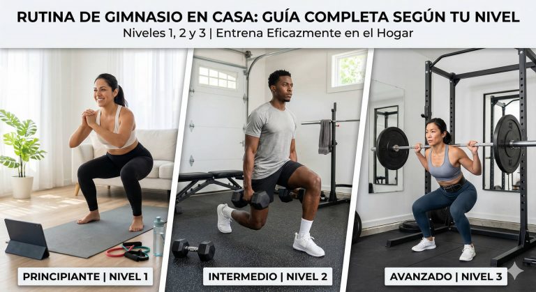 Rutina de gimnasio en casa mostrando progresión de peso y repeticiones