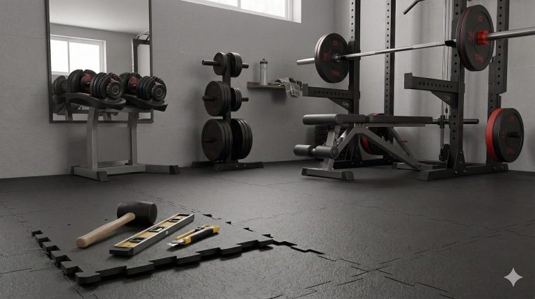 Suelo para gimnasio en casa con losetas de caucho protegiendo el suelo durante entrenamiento con pesas